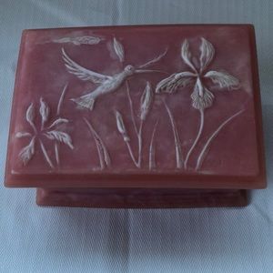 Pink and white carved hummingbird flowers alabaster trinke…